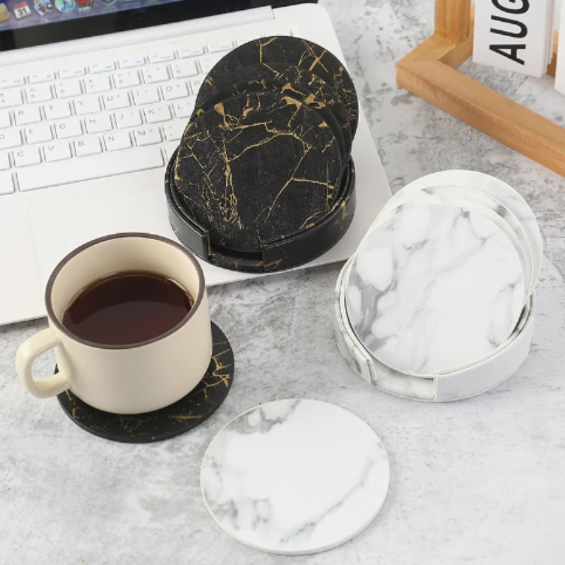 Marble Coaster Set - 6 stuks marmeren onderzetter kunstleer 10